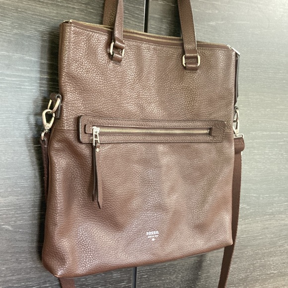 Fossil Handbags - Fossil Large Chocolate Brown Pebbled Leather Tote Bag Removable Long Strap